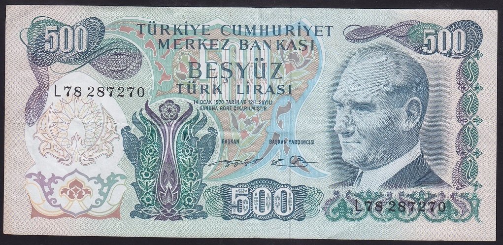 6.EMİSYON 2.TERTİP 500 LİRA L78 287270 ÇOK TEMİZ