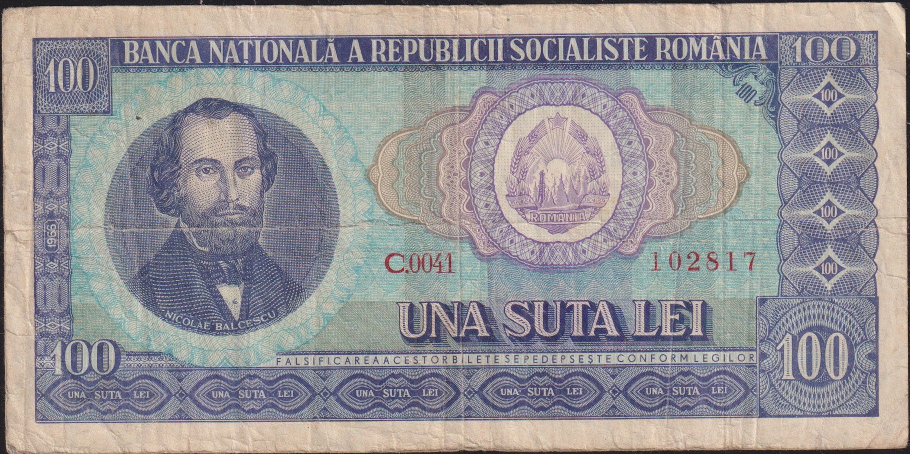 Romanya 100 Leu 1966 Çok Temiz