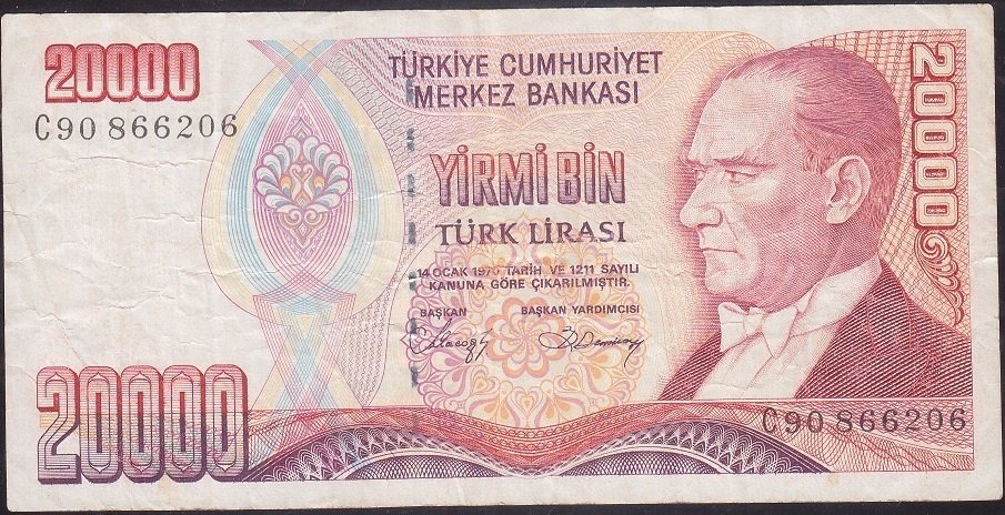 7.Emisyon 1.Tertip 20000 Lira C90 866206 Çok Temiz