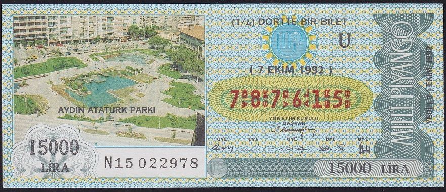 1992 7 Ekim Çeyrek Bilet - U Serisi