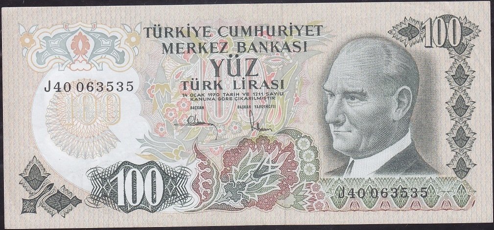 6.Emisyon 3.Tertip 100 Lira J40 063535 Çok Temiz +