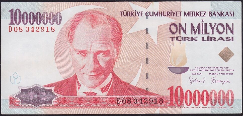 7.Emisyon 10 000 000 Lira D08 342918 Çok Çok Temiz+