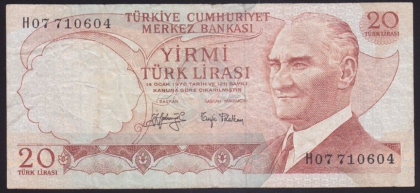 6.EMİSYON 3.TERTİP 20 LİRA H07 710604 ÇOK TEMİZ eski kağıt para alan koleksiyoncular