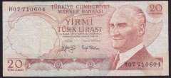 6.EMİSYON 3.TERTİP 20 LİRA H07 710604 ÇOK TEMİZ eski kağıt para alan koleksiyoncular