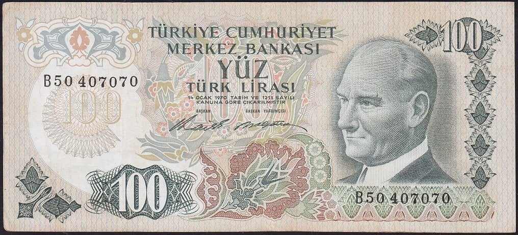 6.Emisyon 1.Tertip 100 Lira B50 407070 Çok Temiz+