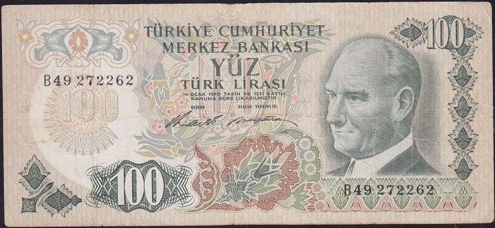 6.Emisyon 1.Tertip 100 Lira B49 272262 Çok Temiz