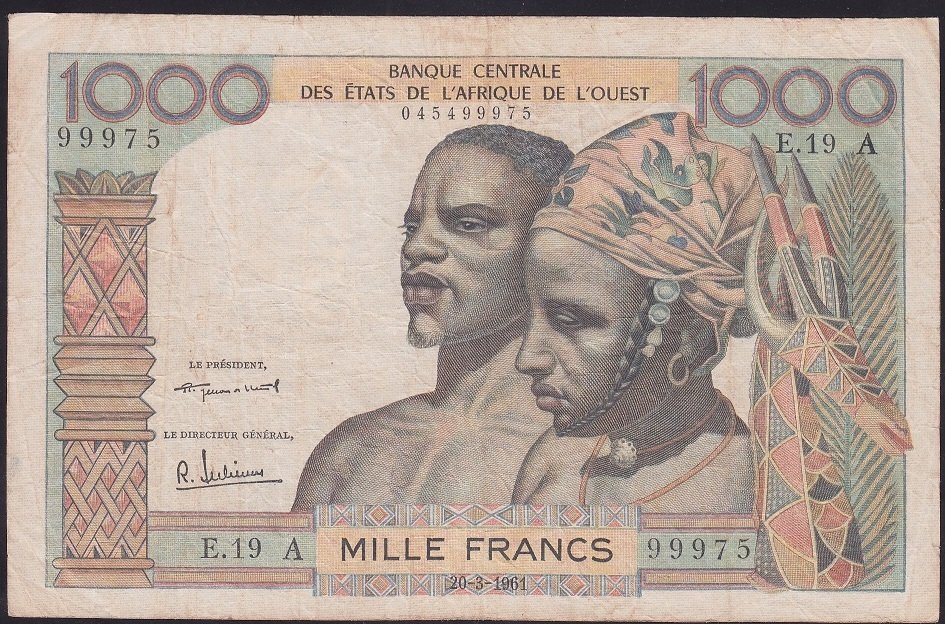 BATI AFRİKA DEVLETLERİ 1000 FRANK 1961 ÇOK TEMİZ (FİLDİŞİ SAHİLİ) Pick103A/b