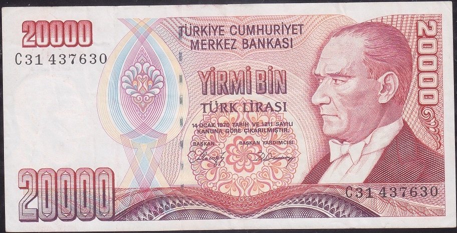 7.Emisyon 1.Tertip 20000 Lira C31 437630 Çok Temiz +