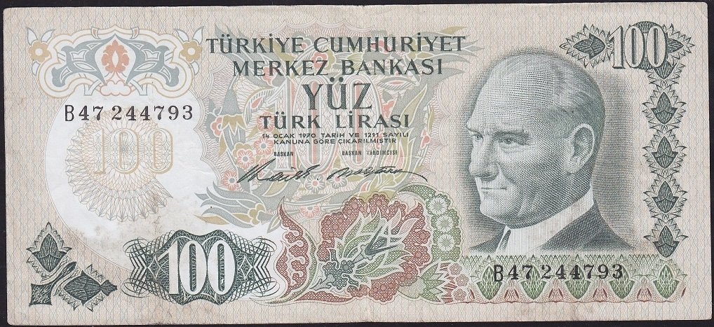 6.Emisyon 1.Tertip 100 Lira B47 244793 Çok Temiz+