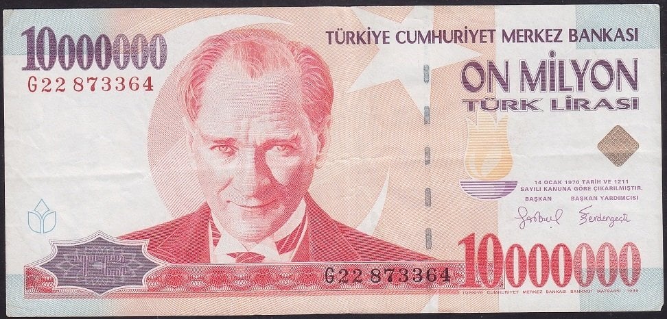 7.EMİSYON 10 000 000 LİRA G22 873364 ÇOK TEMİZ + eski kağıt para değerleri