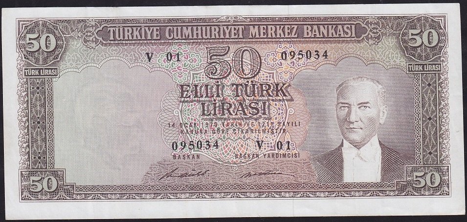 5.Emisyon 7.Tertip 50 Lira V01 095034 Çok Temiz