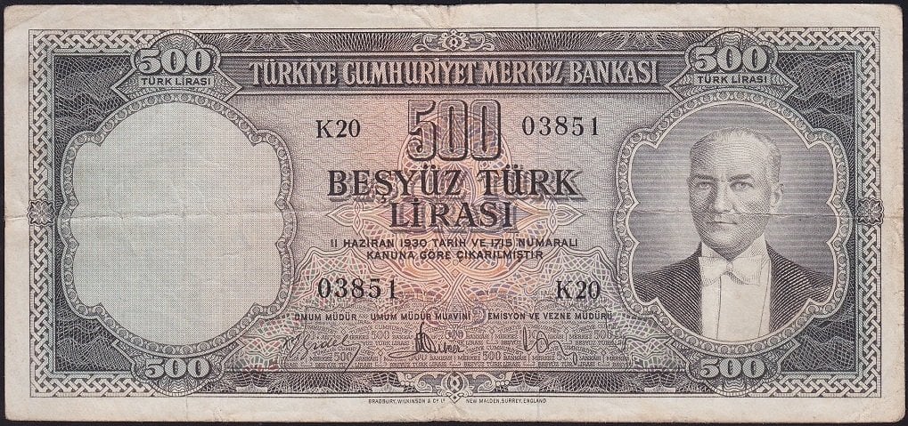 5.Emisyon 2.Tertip 500 Lira K20 03851 Çok Temiz