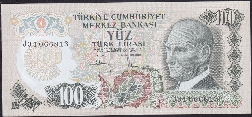 6.Emisyon 3.Tertip 100 Lira J34 066813 Çilaltı Çil