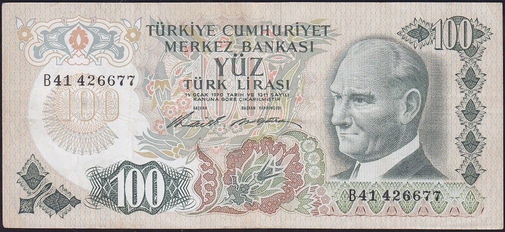 6.Emisyon 1.Tertip 100 Lira B41 426677 Çok Temiz+