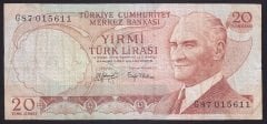 6.EMİSYON 3.TERTİP 20 LİRA G87 015611 ÇOK TEMİZ eski kağıt para fiyatları