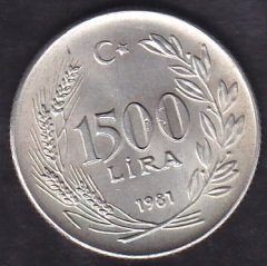 1981 Yılı 1500 Lira Dünya Besin Günü Gümüş