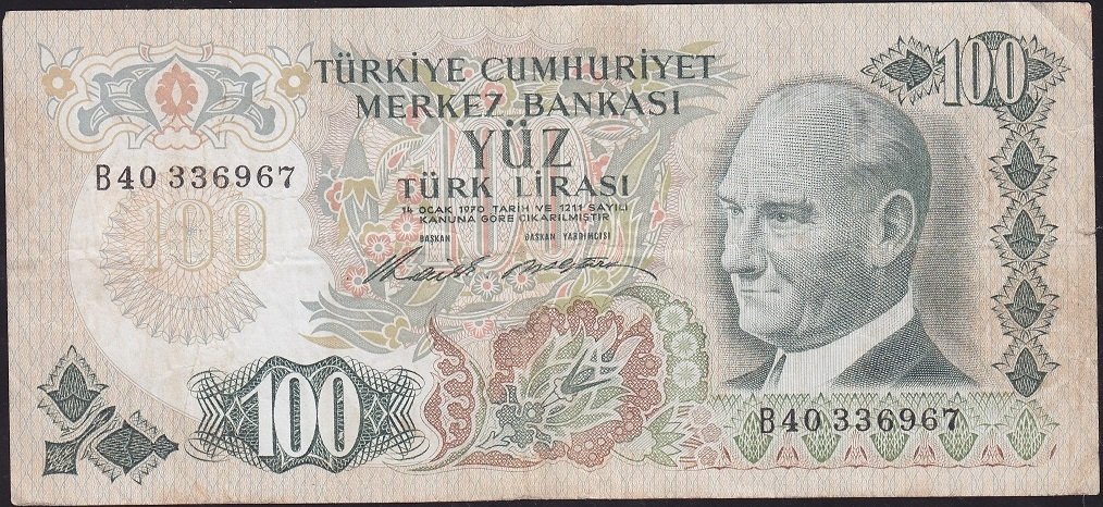 6.Emisyon 1.Tertip 100 Lira B40 336967 Çok Temiz