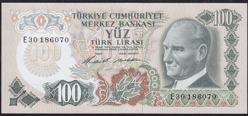 6.Emisyon 1.Tertip 100 Lira E30 186070 Ççt Çilaltı