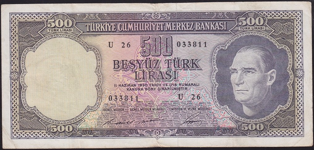 5.Emisyon 4.Tertip 500 Lira U26 033811 Çok Temiz