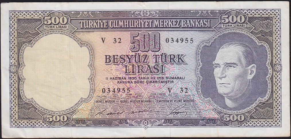 5.Emisyon 4.Tertip 500 Lira V32 034955 Çok Temiz+