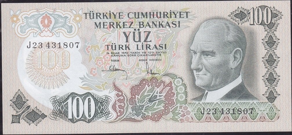 6.Emisyon 3.Tertip 100 Lira J23 431807 Çilaltı