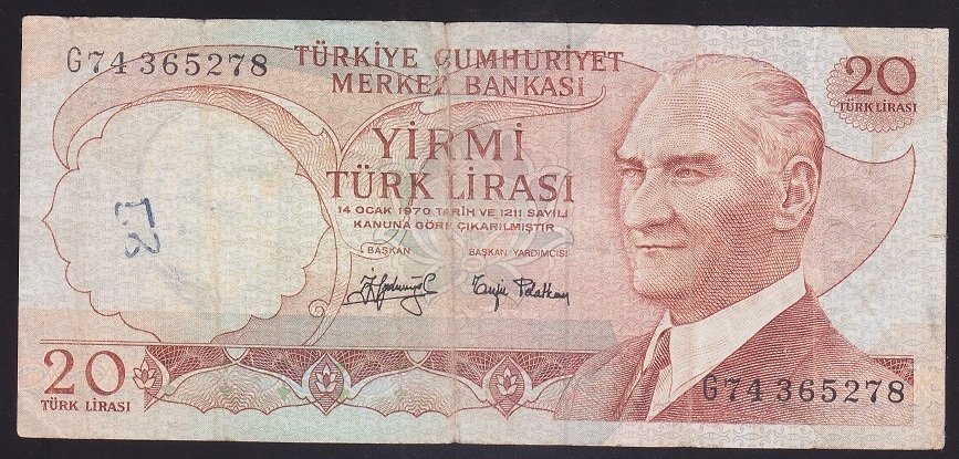 6.EMİSYON 3.TERTİP 20 LİRA G74 365278 TEMİZ eski para mezat
