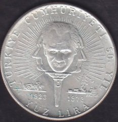 1973 Yılı 100 Lira Türkiye Cumhuriyeti 50. Yıl Gümüş ( 22 gram )