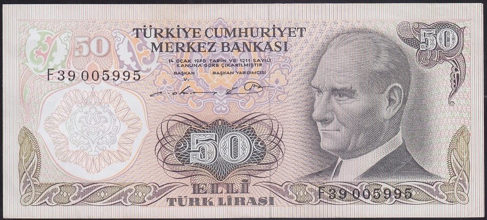 6.EMİSYON 1.TERTİP 50 LİRA F39 005995 ÇÇT +