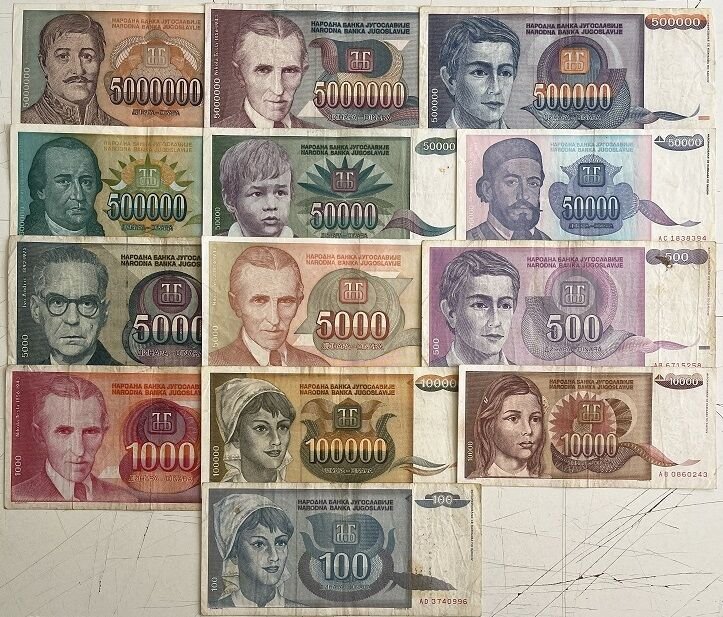 13 Farklı Yugoslavya Kağıt Para Lotu Çok Temiz