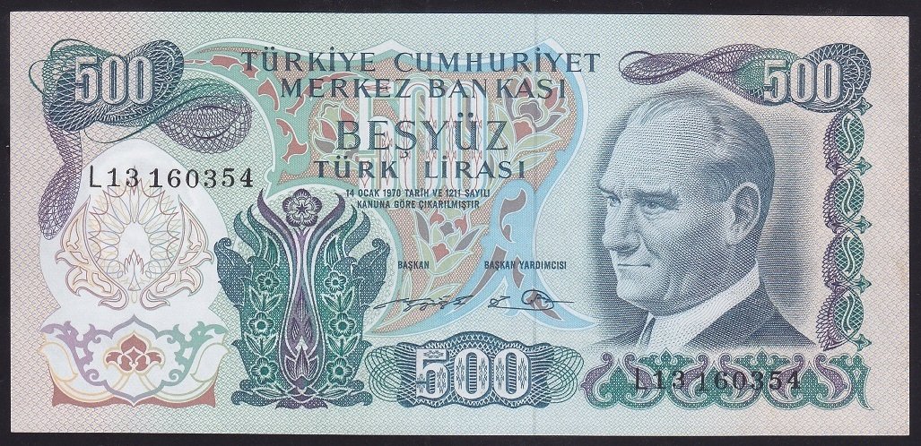 6.EMİSYON 2.TERTİP 500 LİRA L13 160354 ÇÇT ÇİLALTI eski para mezat