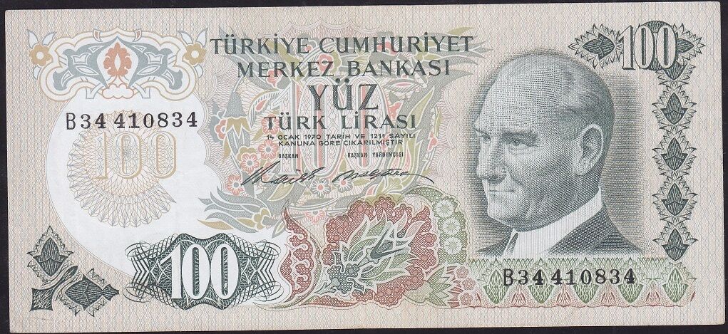 6.Emisyon 1.Tertip 100 Lira B34 410834 Çok Temiz+
