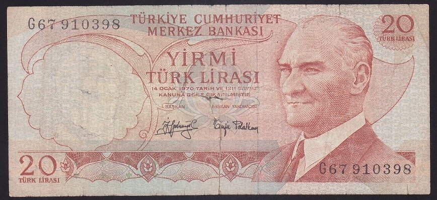 6.EMİSYON 3.TERTİP 20 LİRA G67 910398 TEMİZ eski para alan esnaflar