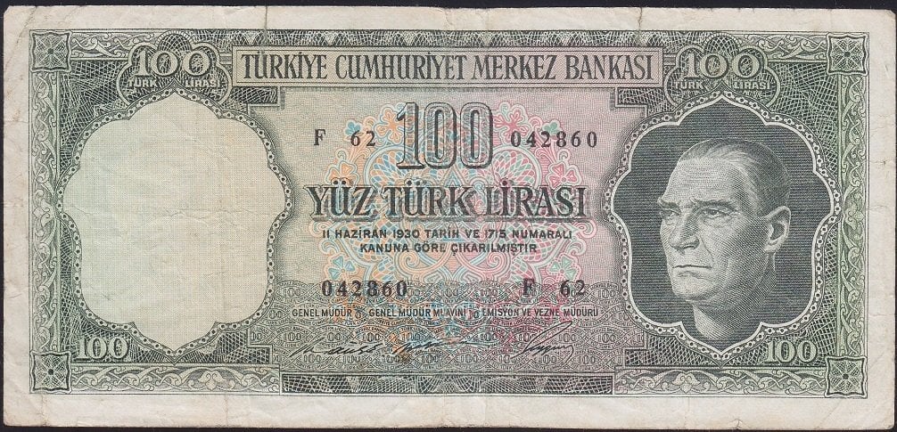 5.Emisyon 6.Tertip 100 lira F62 042860 Temiz