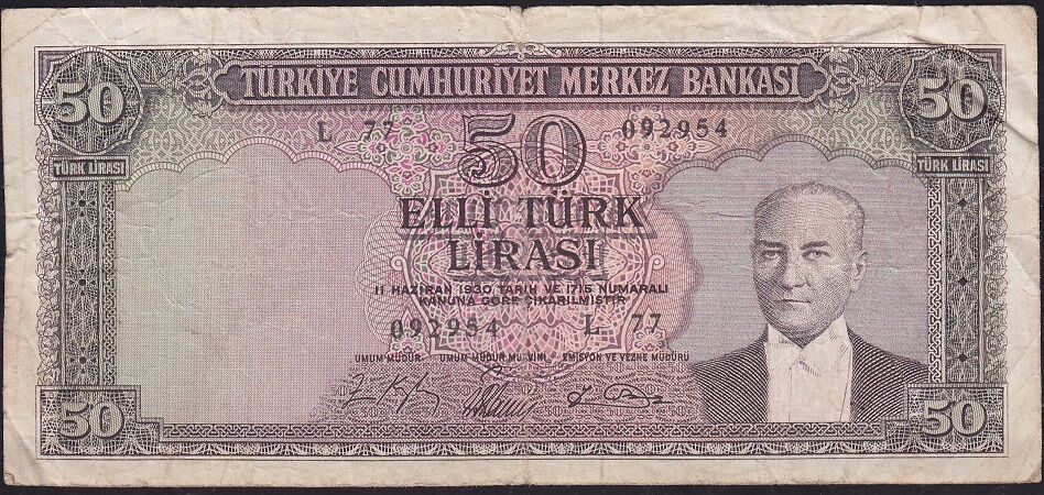 5.Emisyon 6.Tertip 50 Lira L77 092954 Çok Temiz