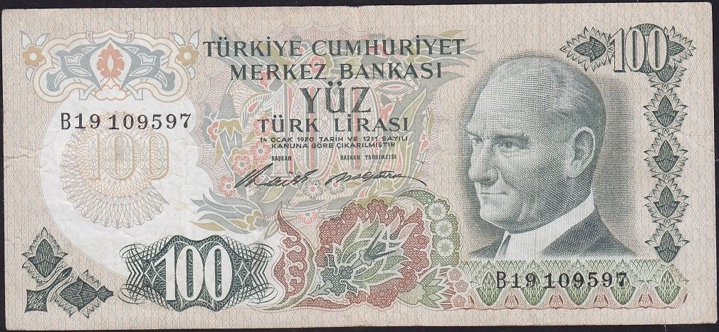 6.Emisyon 1.Tertip 100 Lira B19 109597 Çok Temiz+