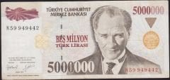 7.Emisyon 5 000 000 Lira K59 949442 Çok Temiz+