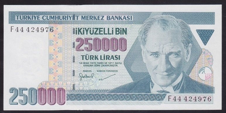 7.EMİSYON 3.TERTİP 250000 LİRA F44 424976 ÇİL eski kağıt para fiyatları