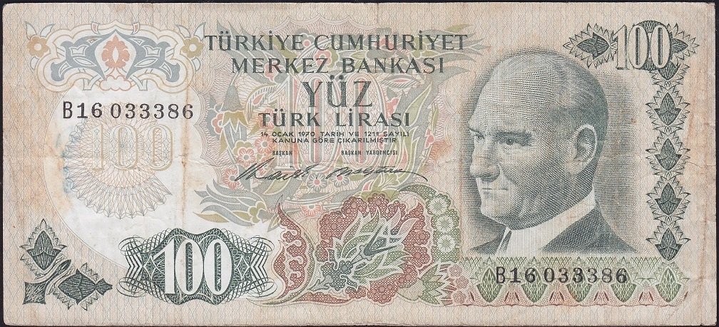 6.Emisyon 1.Tertip 100 Lira B16 033386 Temiz