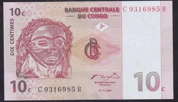 Kongo 10 Centimes 1997 Çil Pick 82