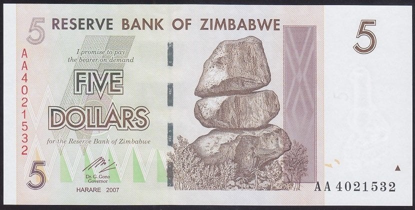 Zimbabwe 5 Dolar 2007 Çil AA Pick 66