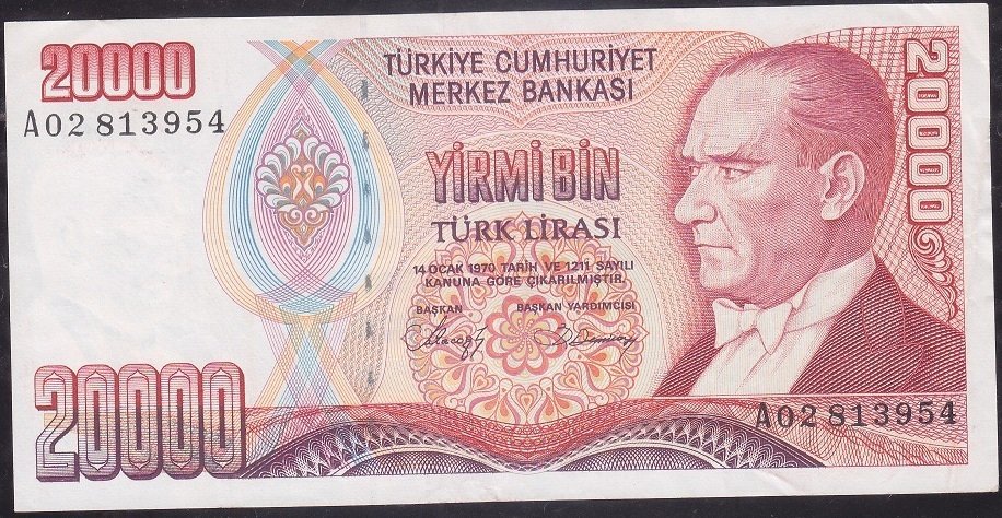 7.Emisyon 1.Tertip 20000 Lira A02 813954 Çok Temiz +