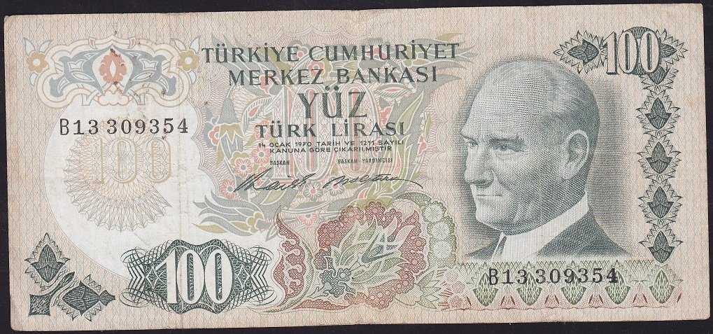 6.Emisyon 1.Tertip 100 Lira B13 309354 Temiz