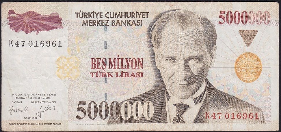 7.Emisyon 5 000 000 Lira K47 016961 Çok Temiz