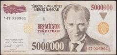 7.Emisyon 5 000 000 Lira K47 016961 Çok Temiz