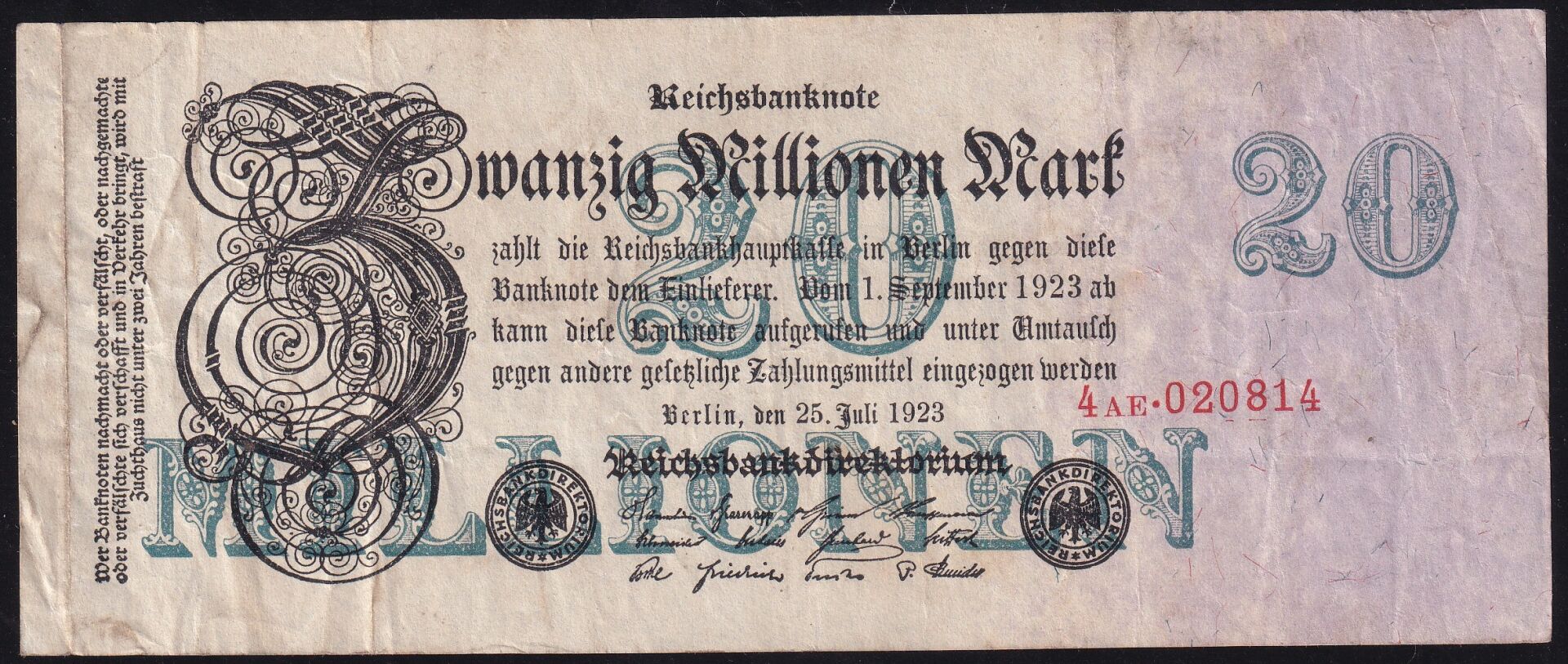 Almanya 20 Milyon Mark 1923 Çok Temiz+