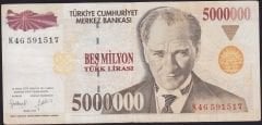 7.Emisyon 5 000 000 Lira K46 591517 Çok Temiz+