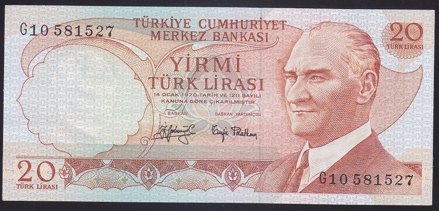 6.EMİSYON 3.TERTİP 20 LİRA G10 581527 ÇİLALTI ÇİL eski para mezat