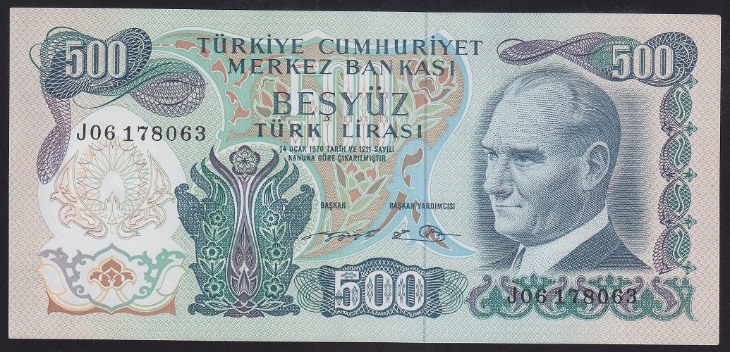 6.EMİSYON 2.TERTİP 500 LİRA J06 178063 ÇİLALTI ÇİL ( DÜZLENMİŞ )