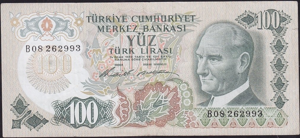 6.Emisyon 1.Tertip 100 Lira B08 262993 Çok Temiz
