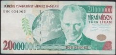 7.EMİSYON 20 000 000 LİRA B60 034065 ÇOK TEMİZ
